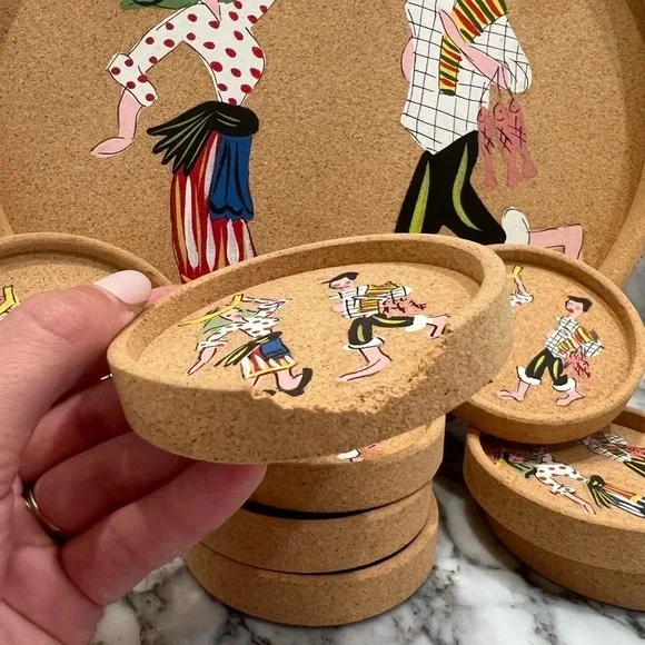 Mid-Century Hand-painted Portuguese Folk Cork Coaster Set - Picture 6 of 9